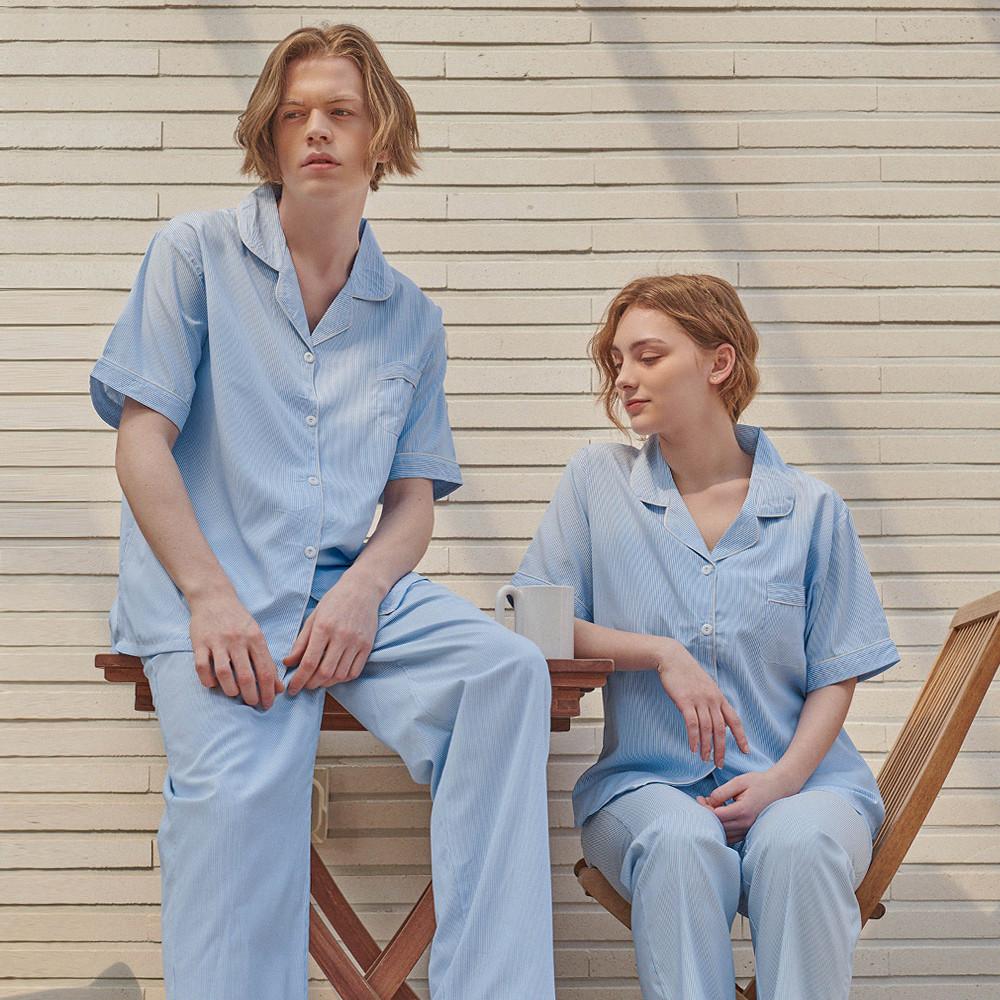오프아워 커플잠옷 파자마 홈웨어 컴포트 스트라이프 라인 반팔 + 긴바지 잠옷 세트