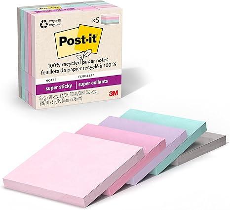 Post-it 100% Recycled Paper Super Sticky Notes, 2X The Sticking Power, 3x3 in, 5 Pads, 70 Sheets/Pad, Wanderlust Pastels Collection (654R-5SSNRP)