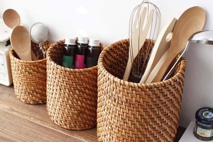 원형 라탄 수저통 다용도 연필꽂이 3p 세트