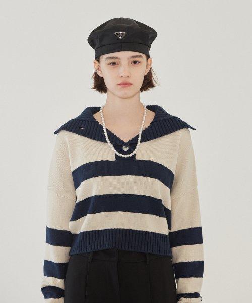 포그 스트라이프 세일러 크롭 니트 (네이비)