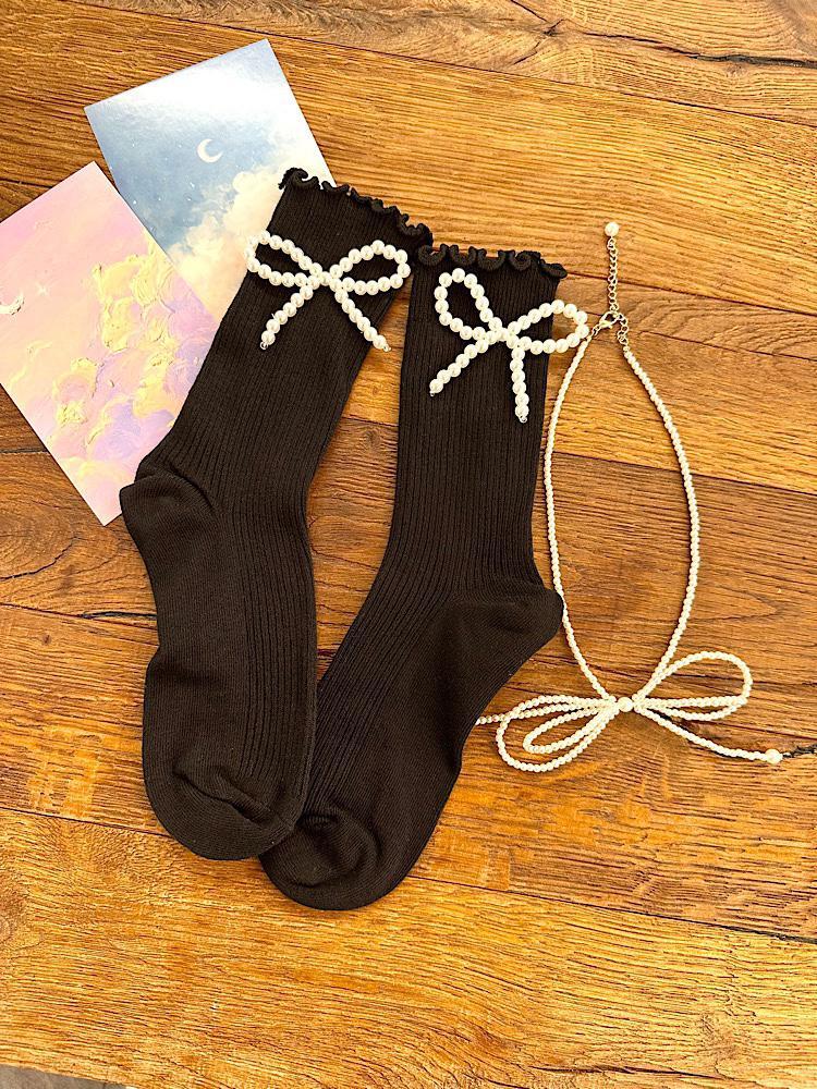 진주리본 골지 프릴 양말