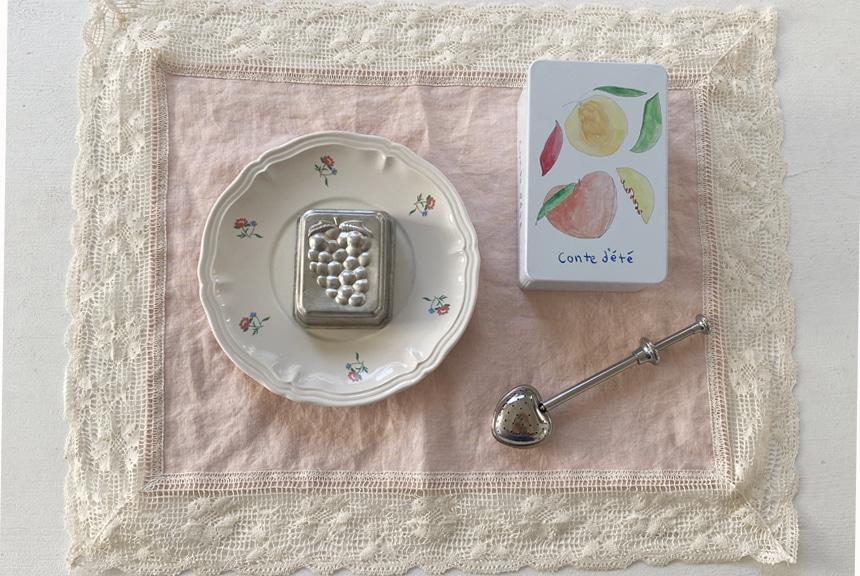 빈티지 린넨  4면 핑크 레이스 매트