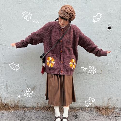 Plum Daisy Cardigan 보라 니트 플라워 가디건