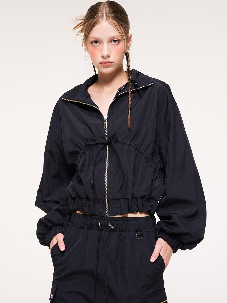 Shirring String Wind Jumper, Black
