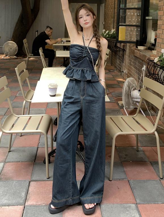 발리 나시크롭 셔링 홀터넥 튜브탑 / 풀와이드 하이웨스트 데님 팬츠