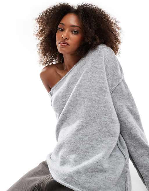 Miss Selfridge asym off the shoulder slouchy cosy knit jumper in grey marl