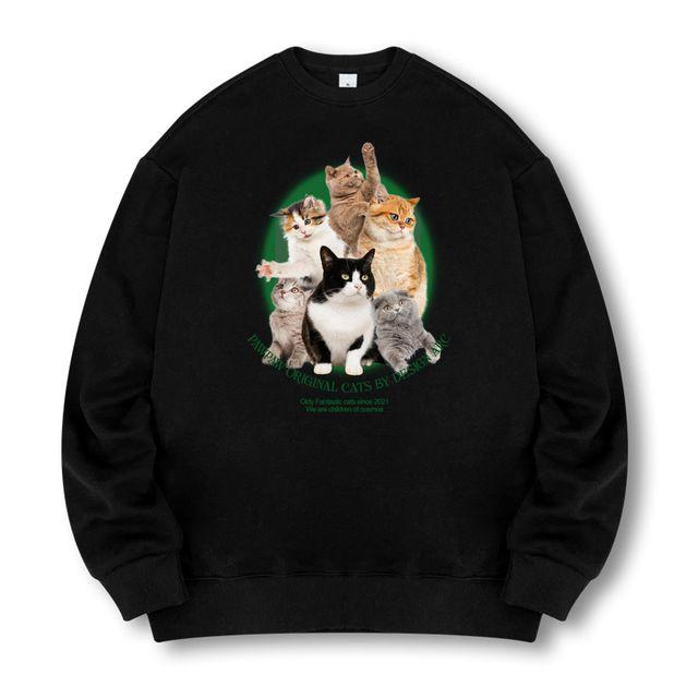 [국내생산/기모선택] 귀염뽀짝 고양이 프린팅 맨투맨 남녀공용 긴팔 티셔츠 루즈핏 빅사이즈(M~4XL)