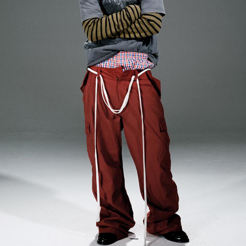 TREclub 브릭레드 플리츠 루즈 아메리칸 와이드 카고 팬츠