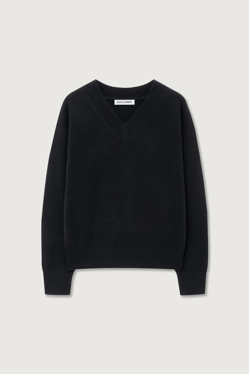 파인 울 브이넥 니트 - 블랙