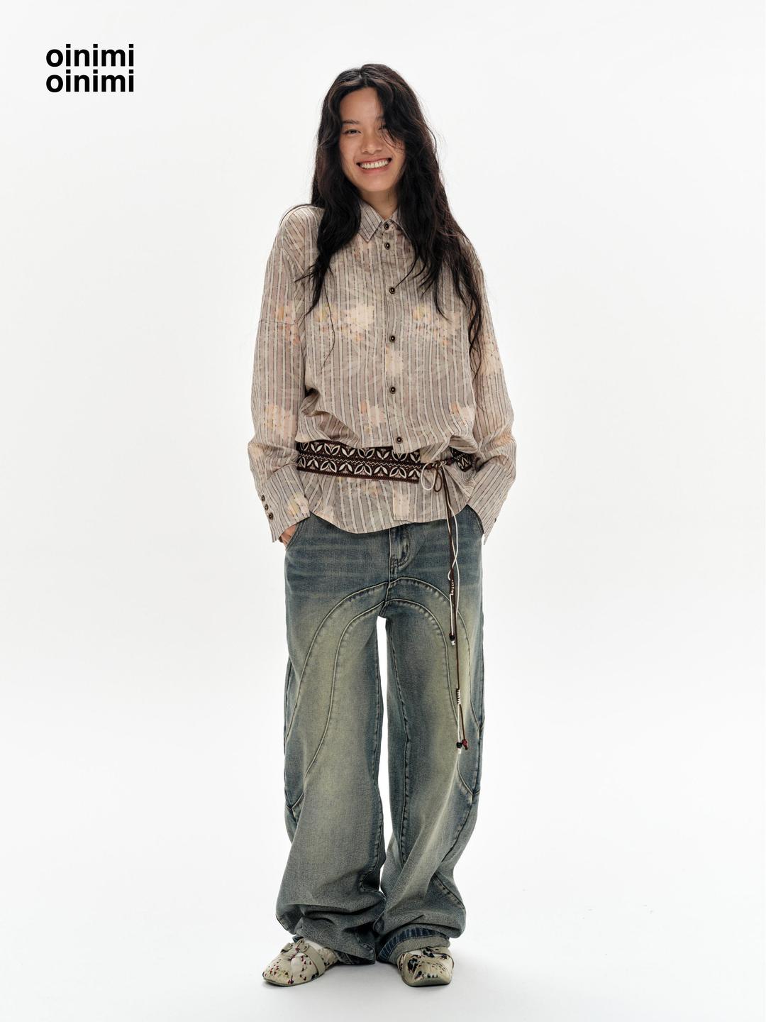 OINIMI misty flower printed light striped shirt 화초 플라워 빈티지 유니크 스트라이프 셔츠