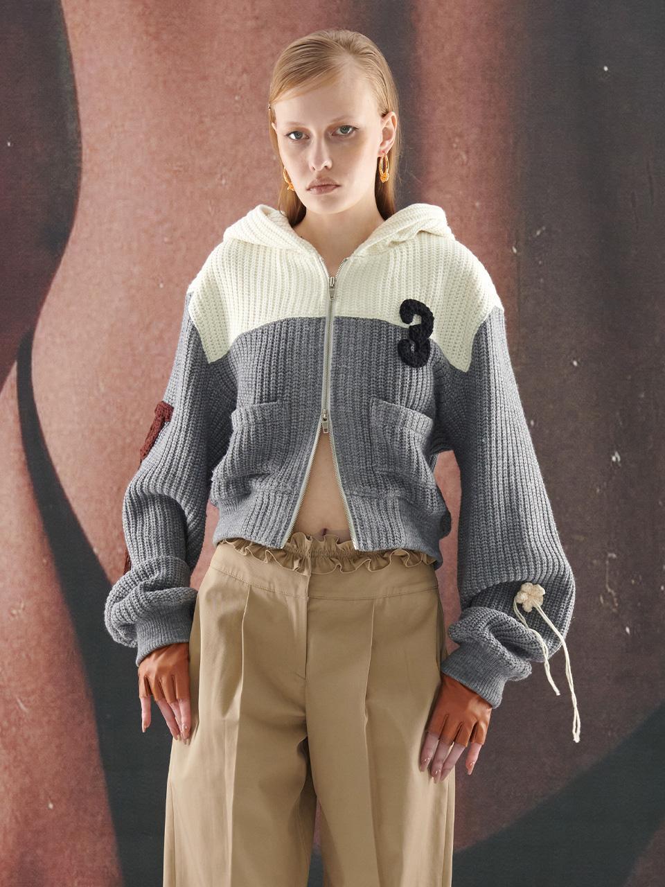 Crochet Zip-Up Hoodie Grey Ivory