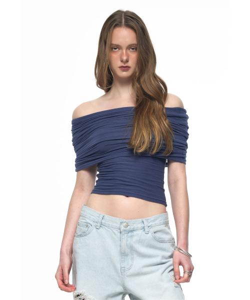 폴드오버 오프숄더 탑 블루