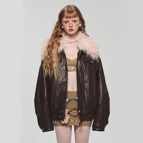 1JINNSTUDIO detachable fur loose fit leather jacket