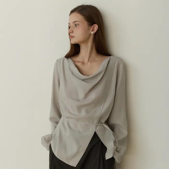 Drape neck belted blouse - light grey