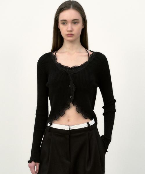 LACE FRILL ESSENTIAL CROP CARDIGAN_BLACK