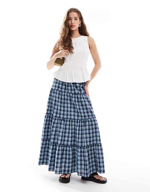 ONLY tiered maxi skirt in navy plaid