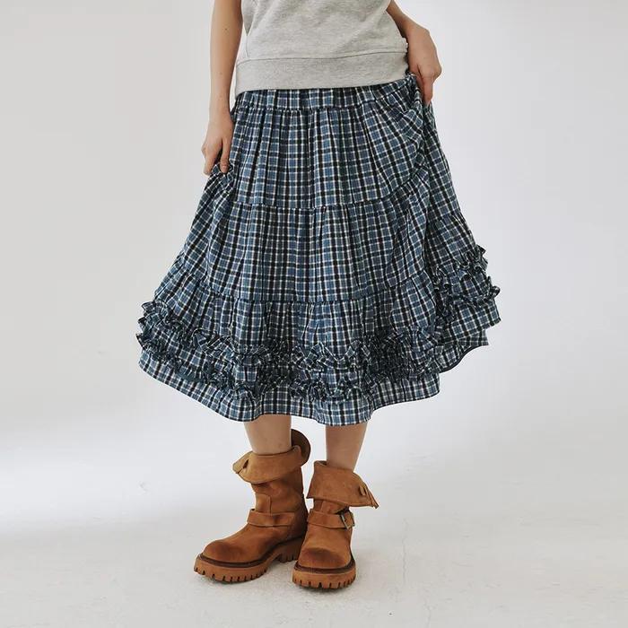 [4차]MIDDLE FRILL SKIRT, BLUE CHECK [07/08 예약배송]