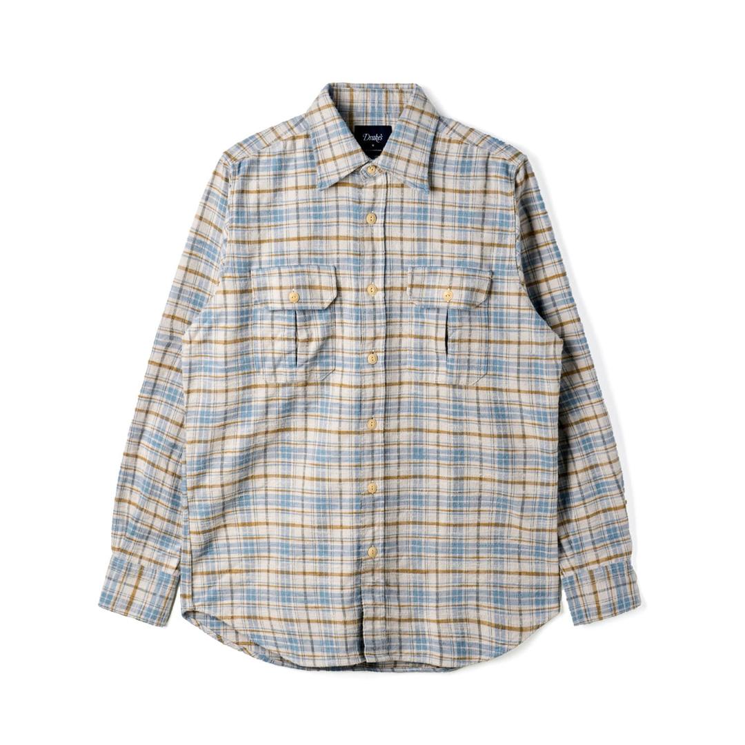 Slub Brushed Cotton Work Shirt Off White & Light Blue