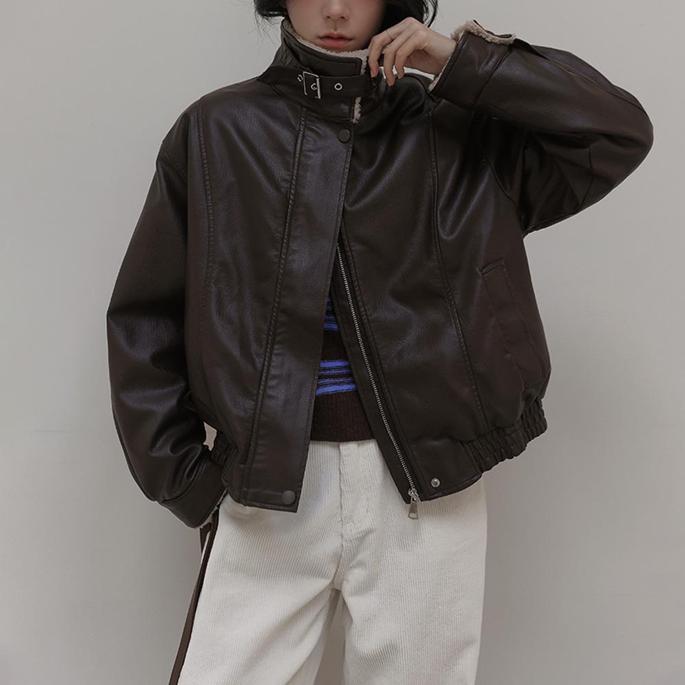 [블프] 디레아 박시 덤블 하이 넥 레더 점퍼 (가을/겨울/아우터/안감/캐주얼/빈티지/데일리룩/출근룩/여행룩)