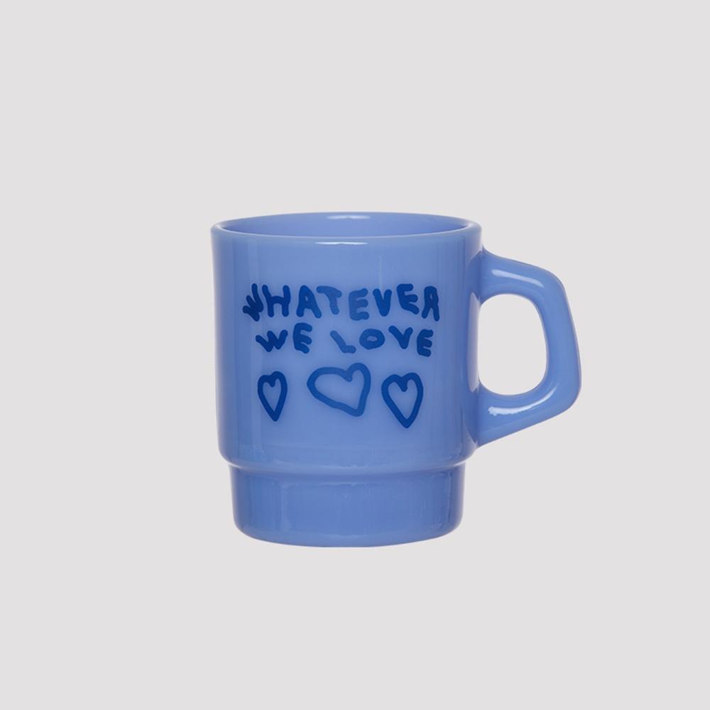 MILK GLASS WE LOVE HEART BLUE