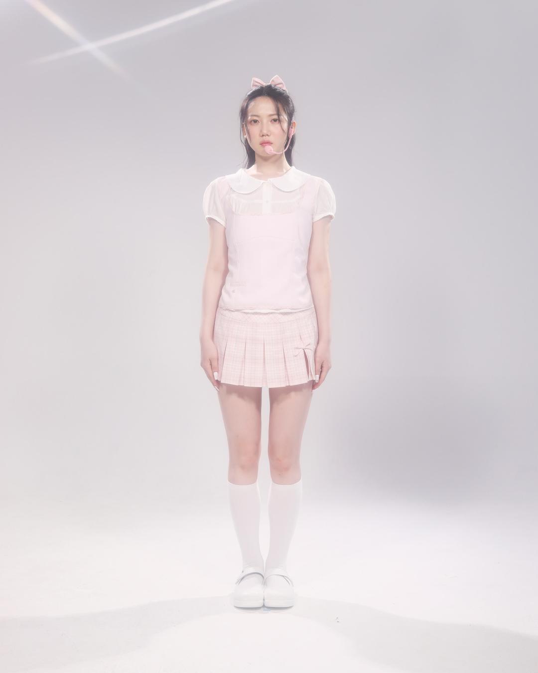 Slit Pleats Mini Skirt(Pink Check)