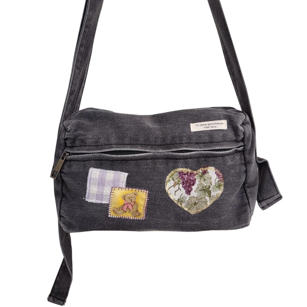 미니 크로스백 흑청 데일리 가방 업사이클 패치워크 데님 하구미룩 빈티지 산책가방