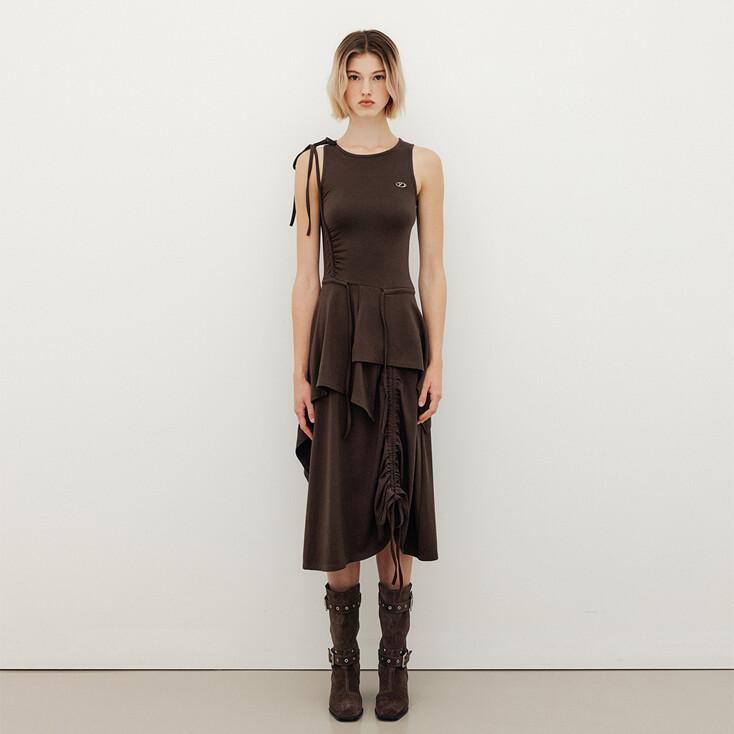 SHIRRING UNBALANCE LAYERED LONG DRESS - BROWN