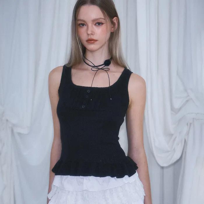 Frill Button Sleeveless [Black]
