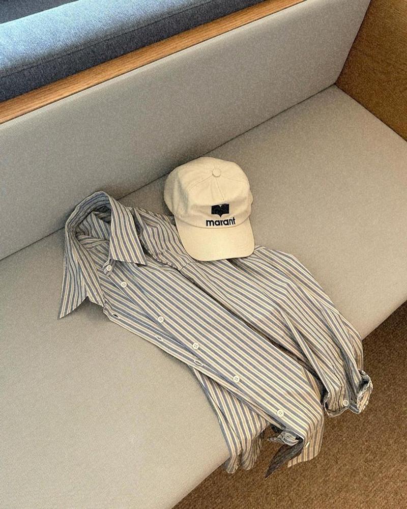 베이지당배) 오버핏 스트라이프 셔츠 남방 - 베이지 소라