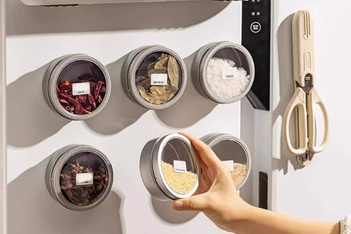 주방 냉장고 벽면 후드 자석 부착 스텐 마그네틱 원형 양념통 6개입 세트