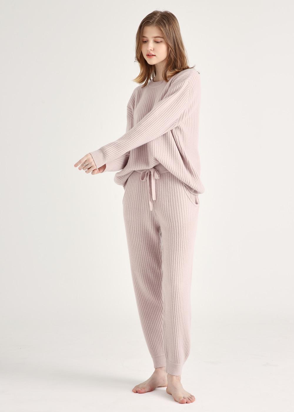 Cashmere 100% Ribbed Pullover, Jogger Pants SET (Sandy)
