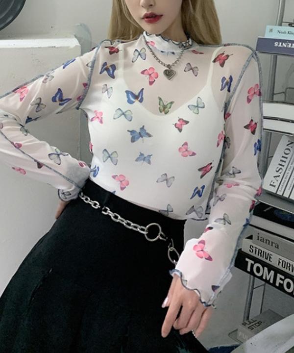 나비 망사 쉬폰 시스루 반폴라 시스루 긴팔 티셔츠 (화이트)