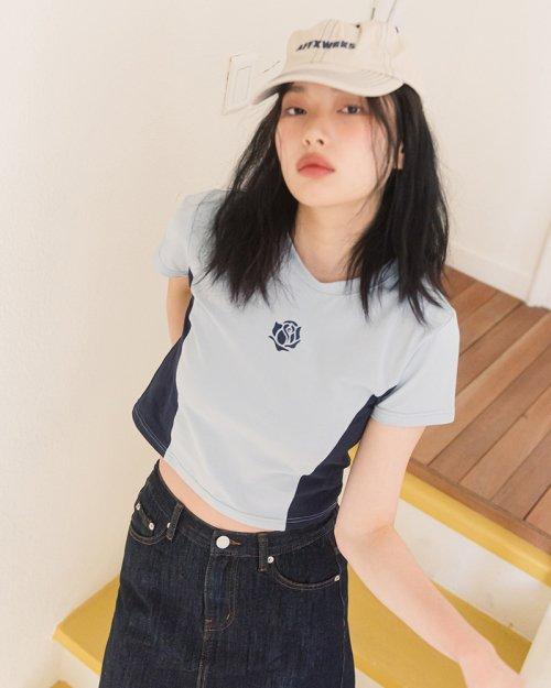 COLOR BLOCK CROP S/S TEE(SKY BLUE)