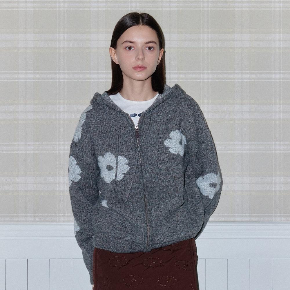 BLOSSOM KNIT HOODIE ZIP-UP brown