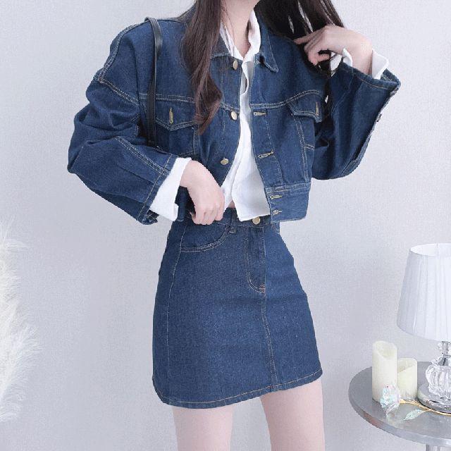 [투피스set/트렌디/3size] 카라 포켓 루즈핏 크롭 데님 자켓 청 스커트 투피스 세트