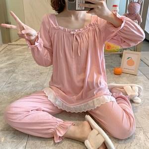 마쿠쿠 스퀘어넥 면 실크 혼방 프릴 여성 잠옷 세트 홈웨어 파자마