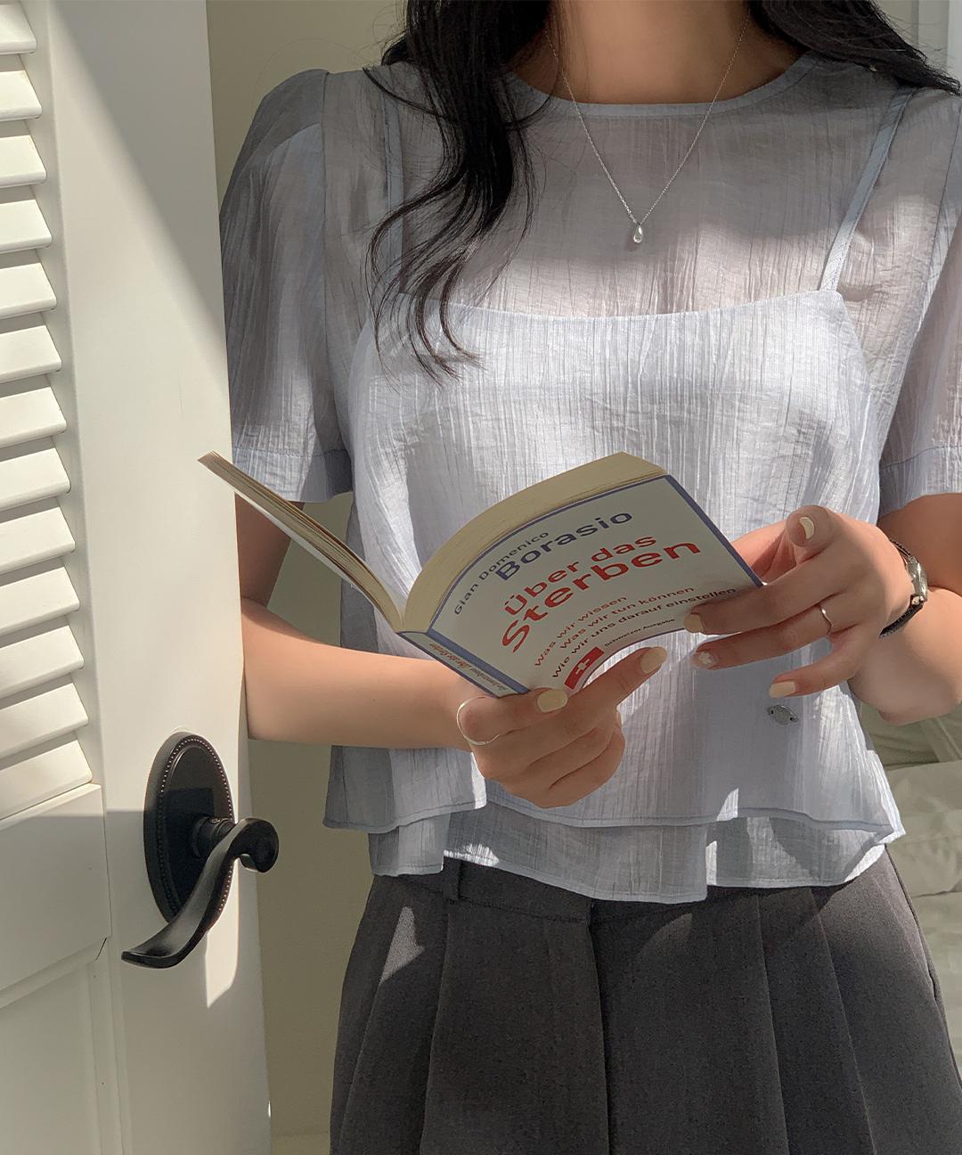 케이클럽 [자체제작/뉴컬러추가!/S-L/하객룩🖤]#여름💙 시루아 레이어드 뷔스티에 블라우스 세트 (하객룩/데이트룩/여름뷔스티에/반팔블라우스/레이어드/여름블라우스/쉬어블라우스/오