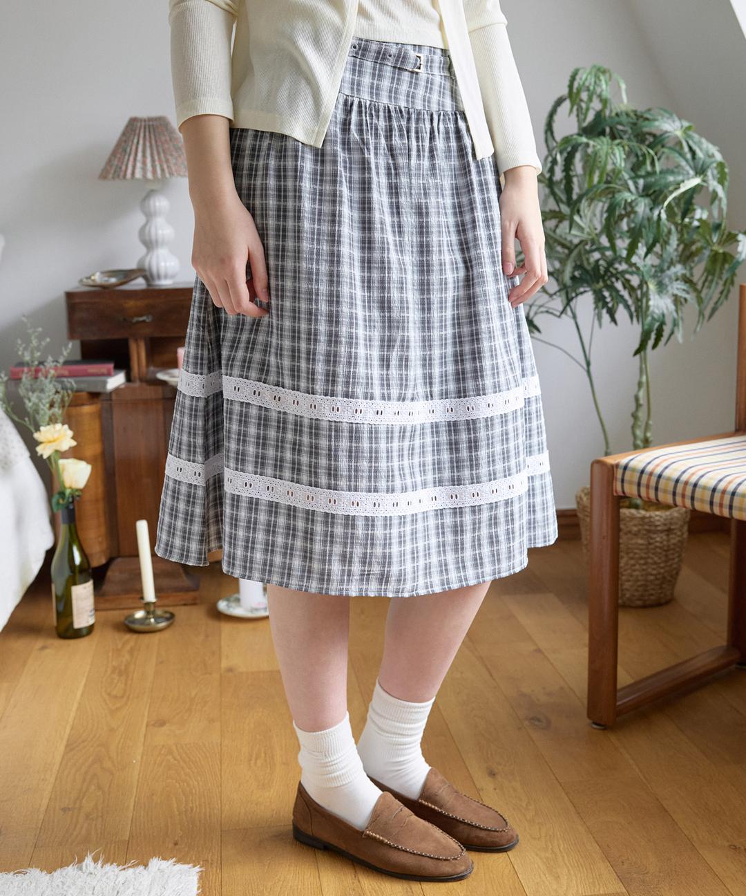 Cotton Midi Belted Skirt ( Blue )