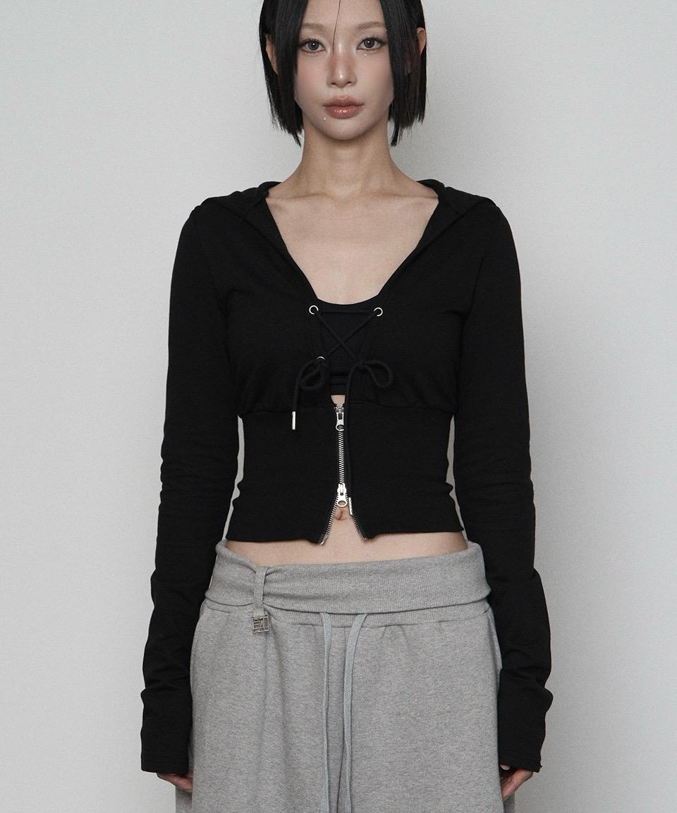 V-neck Corset Ribbed Hoodie zip-up (BLACK)