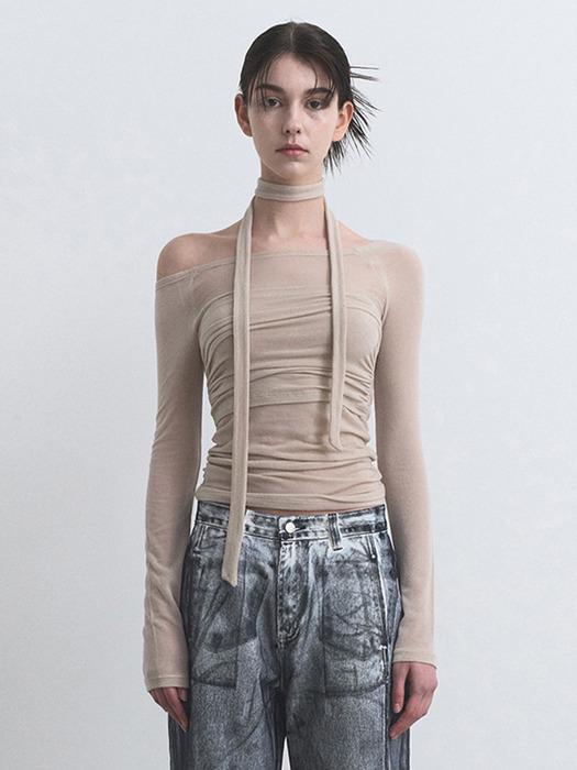 RIBBON OFF-SHOULDER DRAPE TOP, BEIGE