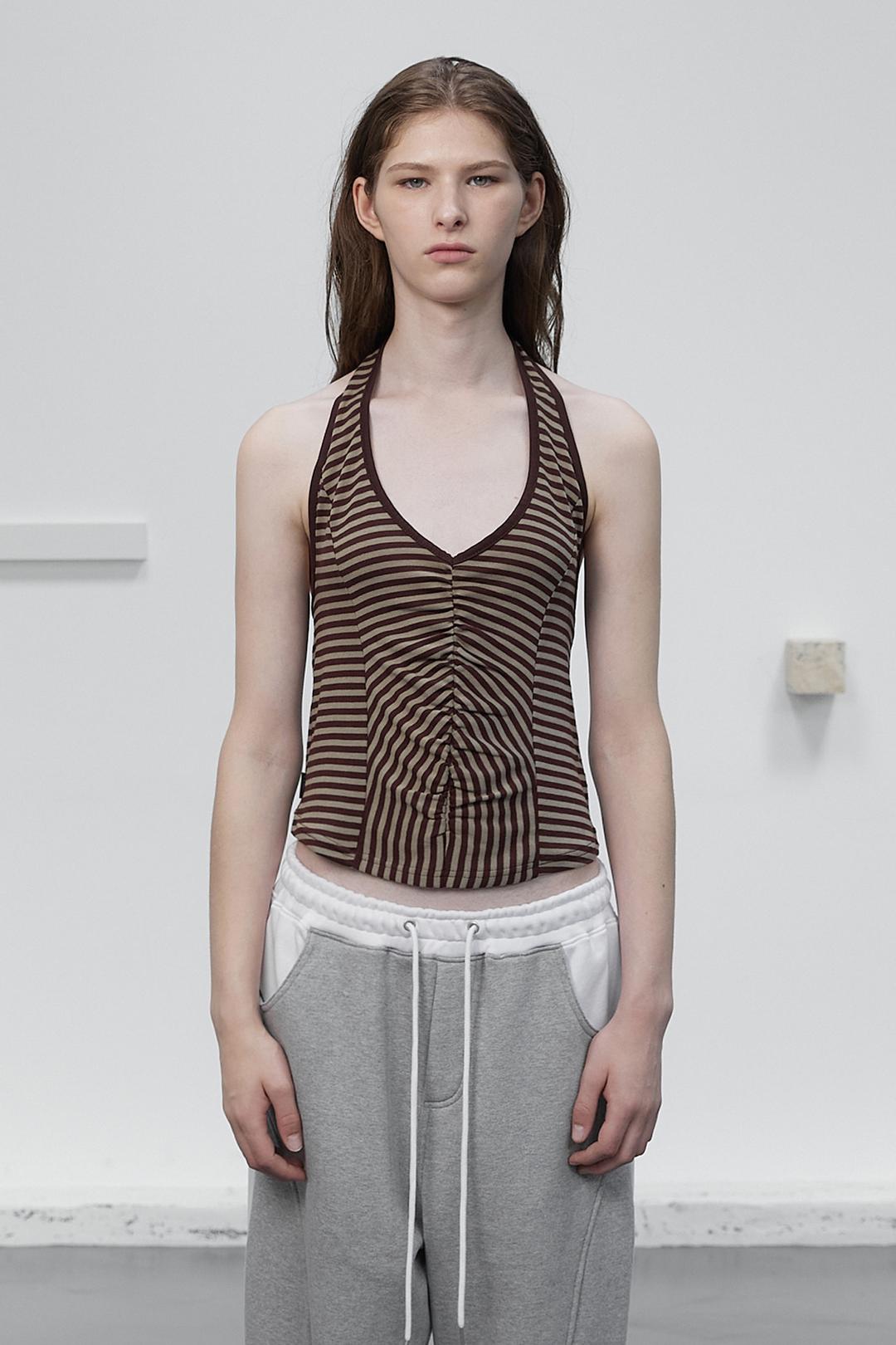 STRIPE HALTER NECK SLEEVELESS / BROWN