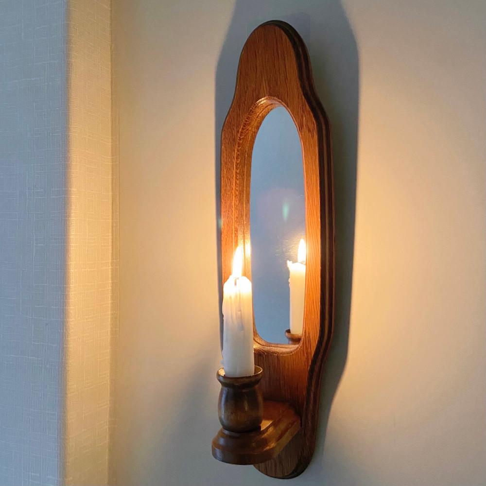 [중고]벽걸이형 참나무 원목 거울 빈티지 촛대 캔들홀더 단품