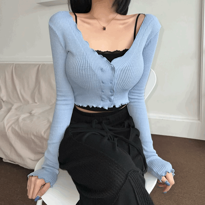 #청순섹시 [*당일배송/무료배송*] 물결 크롭 슬림핏 가디건 (4color) 크롭가디건 골지가디건 슬림핏가디건 얇은가디건 간절기 필라테스상의 레이어드티셔츠 레이어드룩