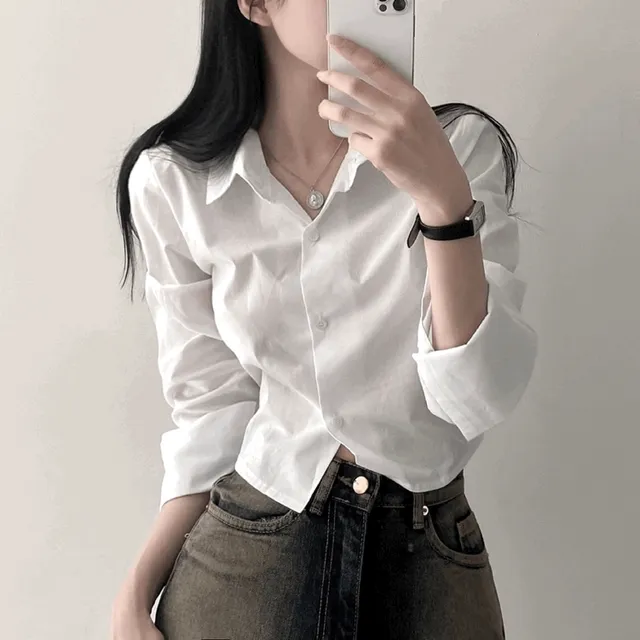 [꾸안꾸/스탠다드!] 기본핏 허리 잘록 뒷밴딩 크롭 셔츠