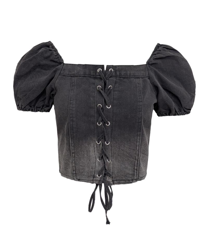 Smoked denim lace-up crop top