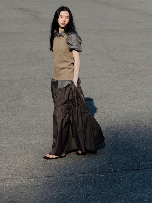 Gingham check shirring skirt (brown)