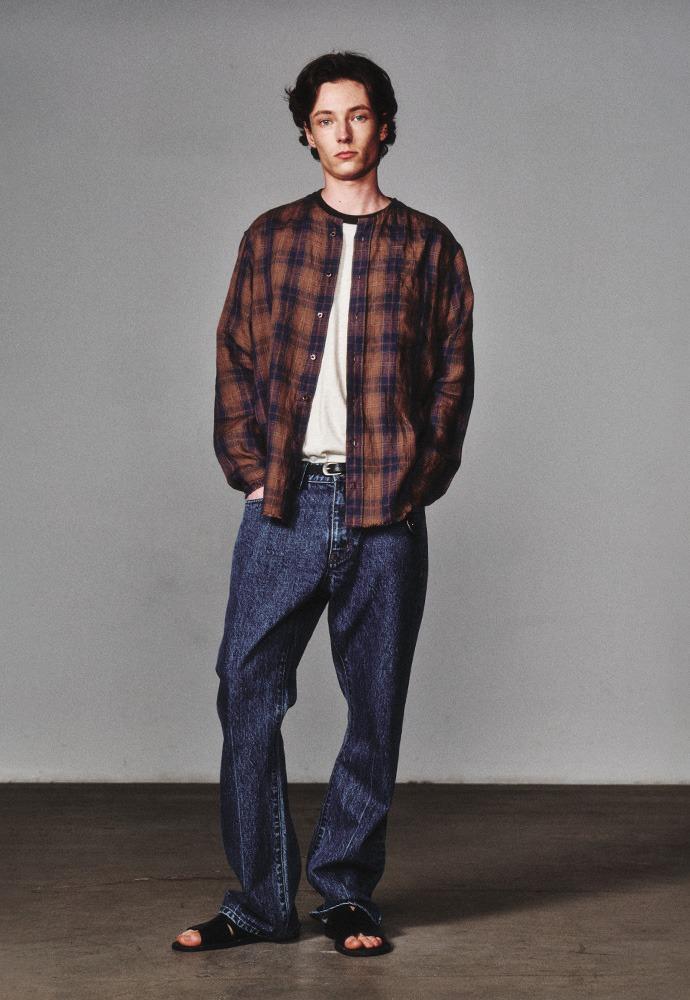 Non Collar Linen French Check Shirt_Blue/Brown