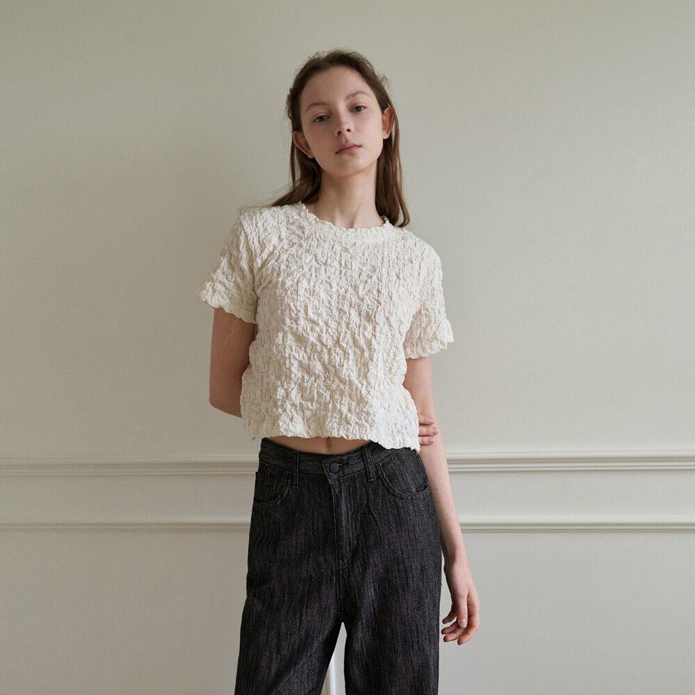 링클 크롭 라운드 티셔츠 - 크림