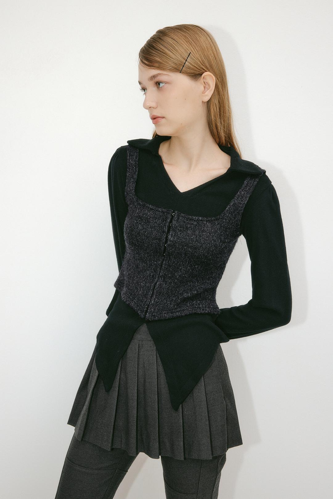 WOOL KNITTED BLOCK SHIRT TOP - BLACK/CHARCOAL