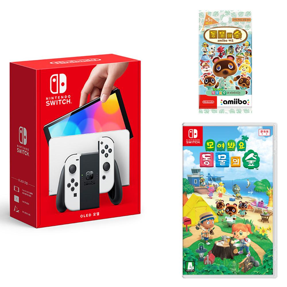 닌텐도스위치 신형 OLED 올레드 본체 게임기+모여봐요동물의숲+모동숲 칩 아미보카드5탄